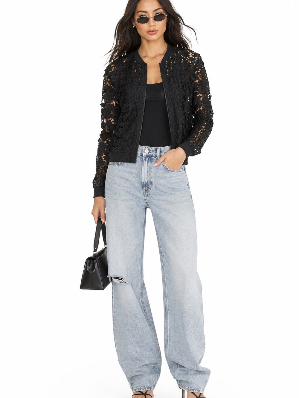 Elie Tahari Black Floral Lace Zip Front Bomber Jacket Large Sheer Crochet Knit